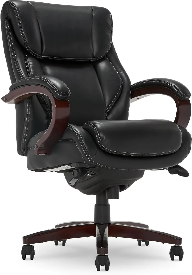 Executive Office Chair with Memory Foam Cushions, Solid Wood Arms and Base, Waterfall Seat Edge, Bonded Leather, Black