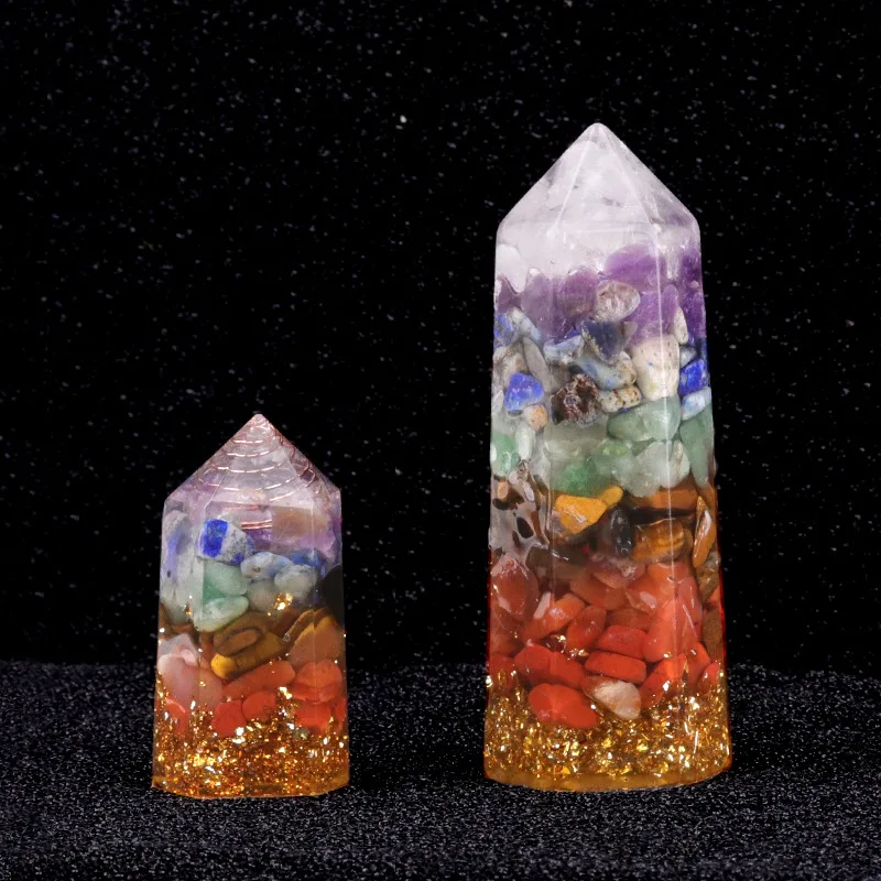Natural Crystal Seven Chakras Chip Crushed Stone Resin Hexagonal Column Chakra Small Ornaments Home Decorative Crafts Gemstone