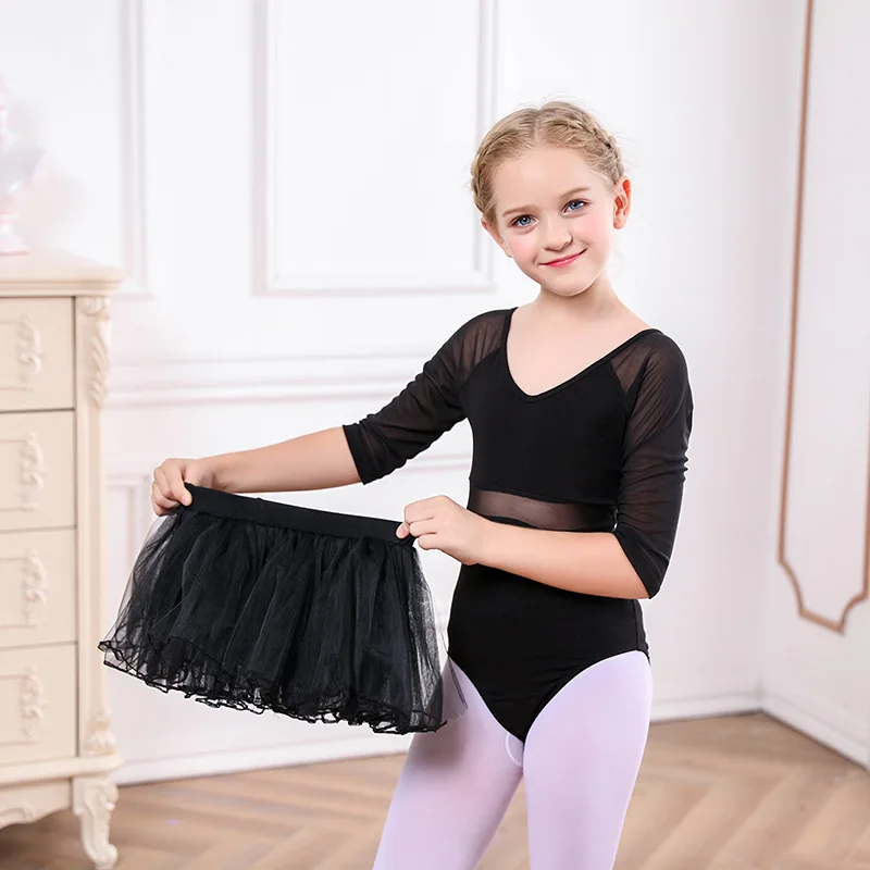 Vêtements de danse de ballet pour enfants, combinaison pour filles, jupe de ballet, combinaison de gymnastique à manches trois-quarts, vêtements d'entraînement