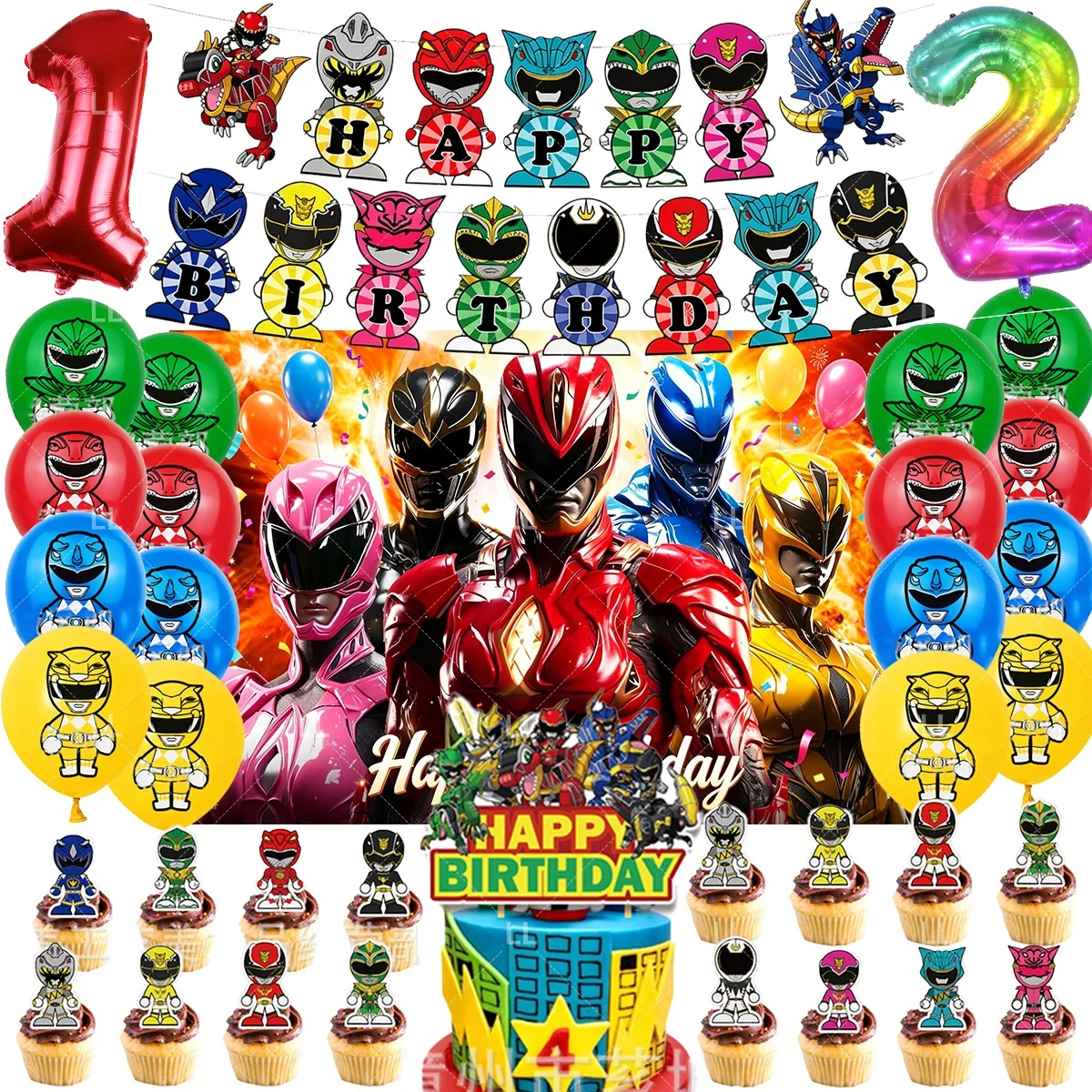 Cartoon Power Rangers Themen-Geburtstagsparty Dekorations-Set mit Hintergrund, Luftballons, Cupcake-Topper, Spielzeug für Jungen und Mädchen, Foto-Requisiten