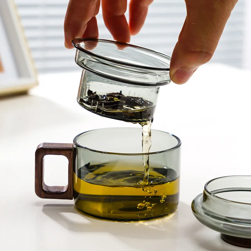 Heat Resistant Glass Tea Cup, Tea Water Separation Wood Handle Cup with Lid, Three Piece Set