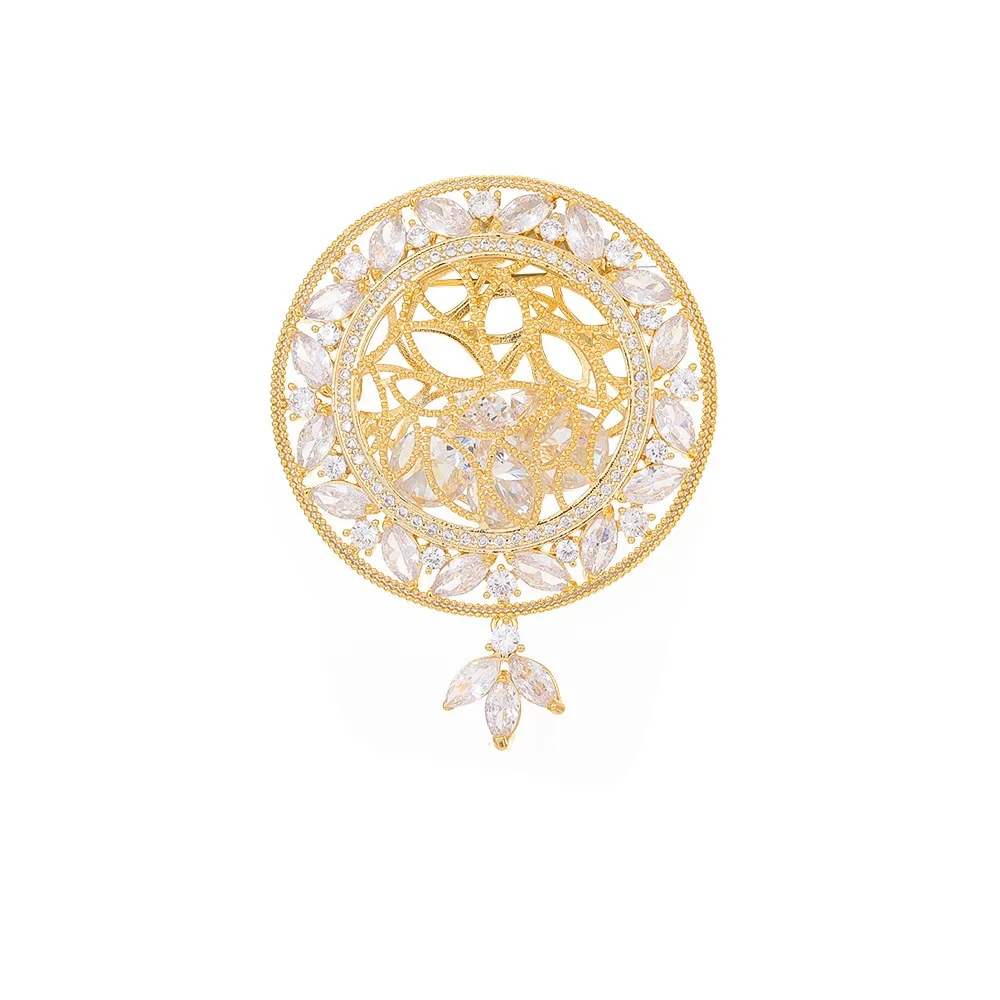 SHMIK Exqusite High-end Disk Round Rhinestone Gold Color Brooches Pins For Women Lady Elegant Banquet Party Gown Jewelry Badges