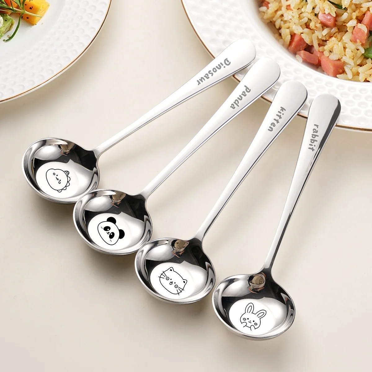 

Cartoon 316 Stainless Steel round Head Food Grade Spoon Children's Rice Spoon Deep Bowl Flat Bottom Soup Spoon