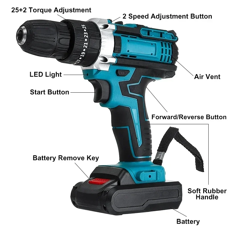 Trapano a percussione elettrico portatile a batteria da 21 V, cacciavite elettrico, trapano manuale, utensile elettrico, dotato di 2 batterie, caricabatterie e punte per trapano.