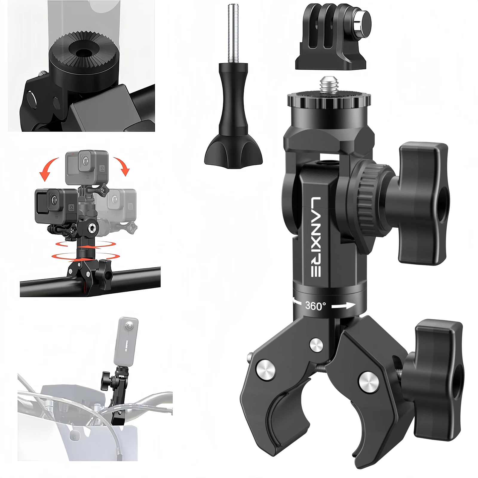 

Lanxire Bike Motorcycle Handlebar Camera Clamp Mount for Gopro/ Insta360/AKASO/Mevo Start/DJI Action Camera, DSLR, Monitor