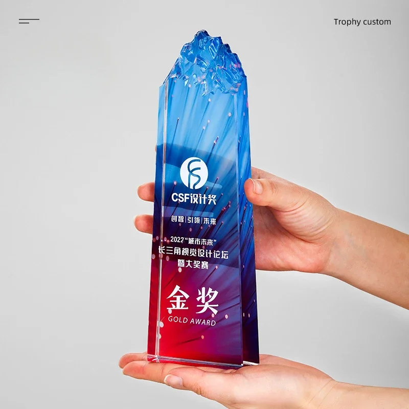 Customized Mountain Peak Crystal Trophy, High end, Free Engraving Color Printing, Company Annual Meeting Excellent Awards, 1Pc