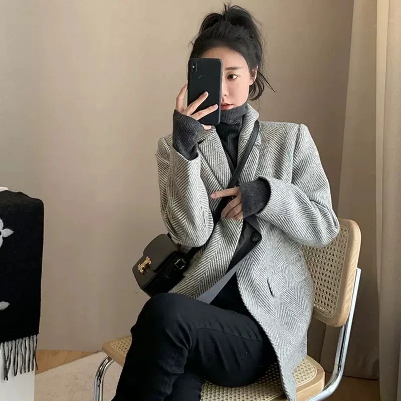 UNXX Herringbone Wool Blend Suit Coat: Women's Autumn/winter Thick Korean-style British 2024 New Wool Overcoat High Quality