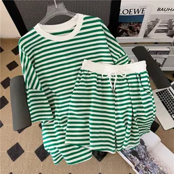 Home Wear Preppy Style Women Two Pieces Set Loose Blue Green Black Striped Top Elastic Waist Wide Leg Shorts Sport Sets Summer