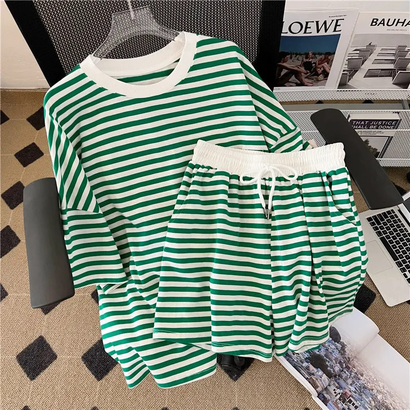 Home Wear Preppy Style Women Two Pieces Set Loose Blue Green Black Striped Top Elastic Waist Wide Leg Shorts Sport Sets Summer