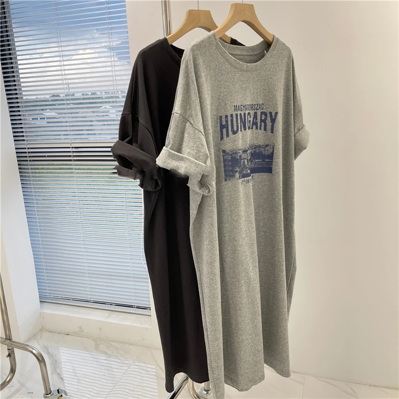 Summer 2023 Lazy Style Personalized Print Dress Loose Slimming High-End Feeling Mid-Length Skirt with Slit Home Comfort Wear