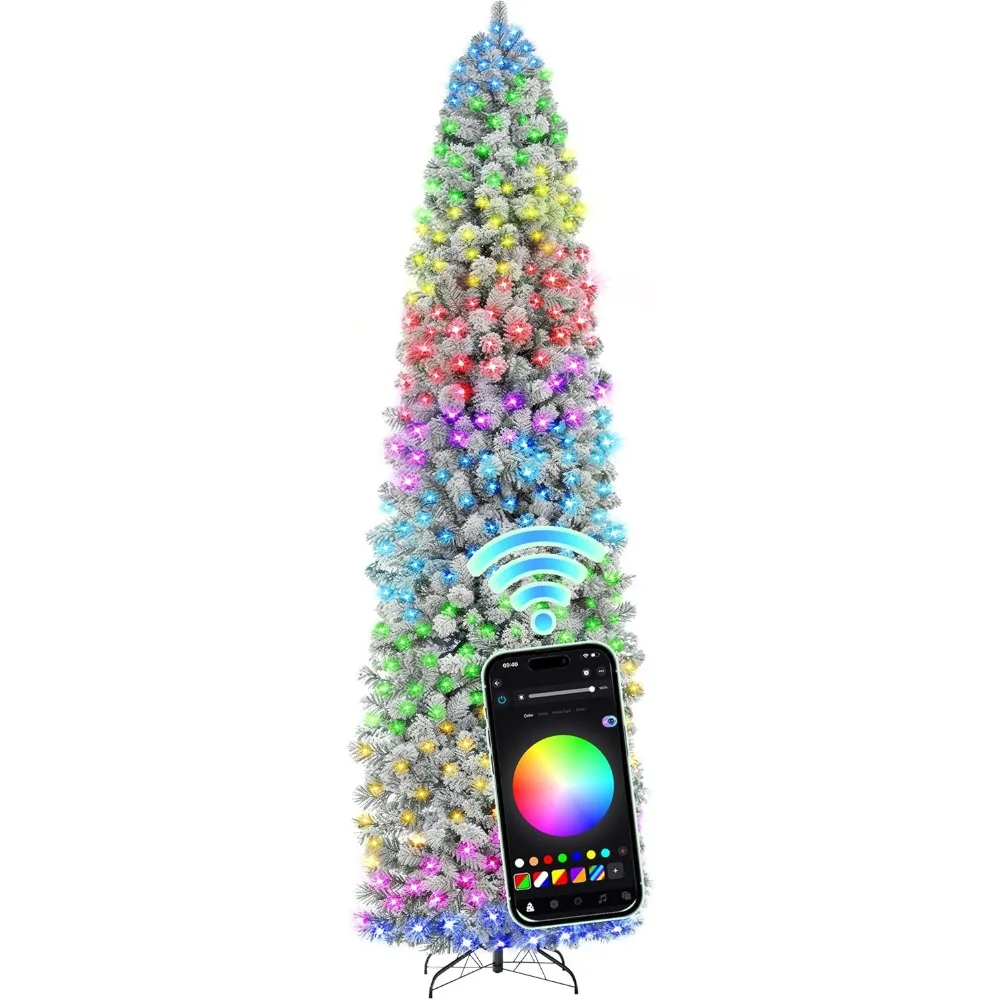 Star 9 Foot Flocked Pre-lit Christmas Tree with 546 LED Lights, App-Controlled Skinny Pencil Artificial Christmas Tree, Multi-Co