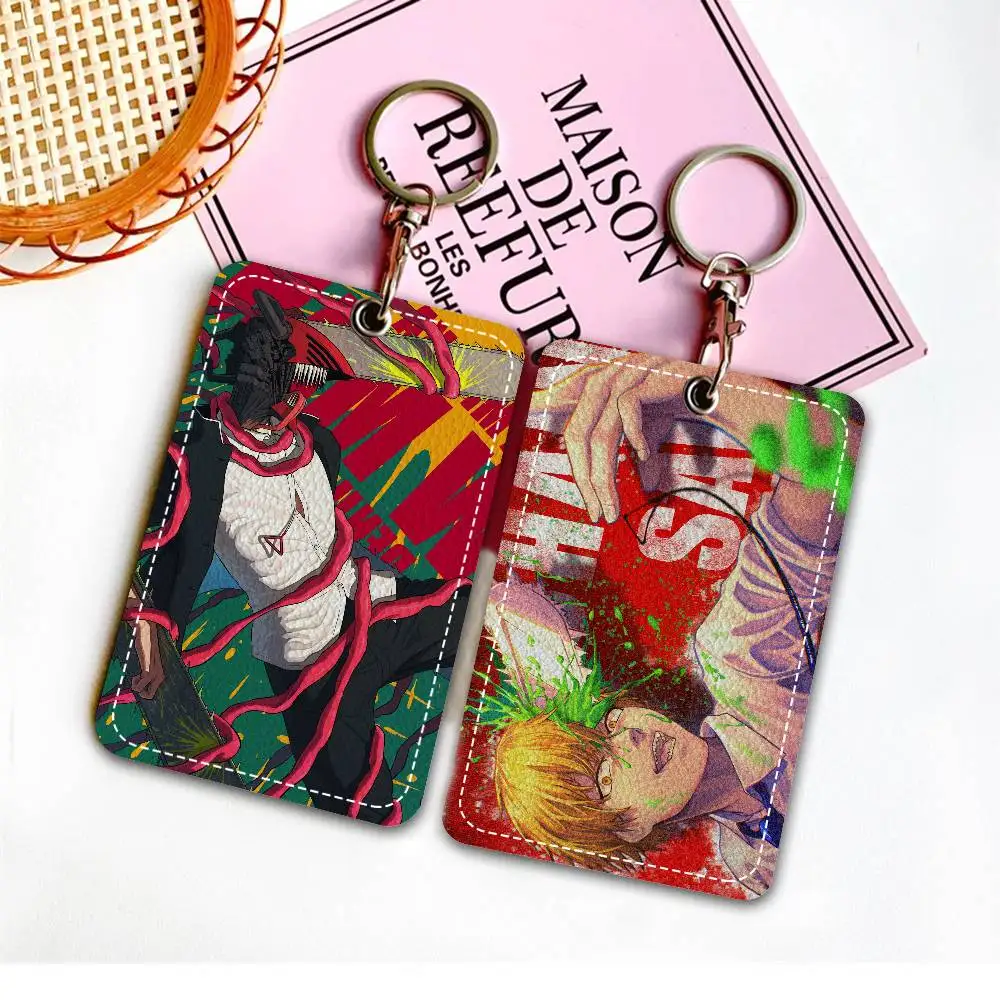 Anime Chainsaw Man Rectangle ID Card Case Keychain Access Card Bag Key Tag Ring Leather Card Holder Key Ring Access