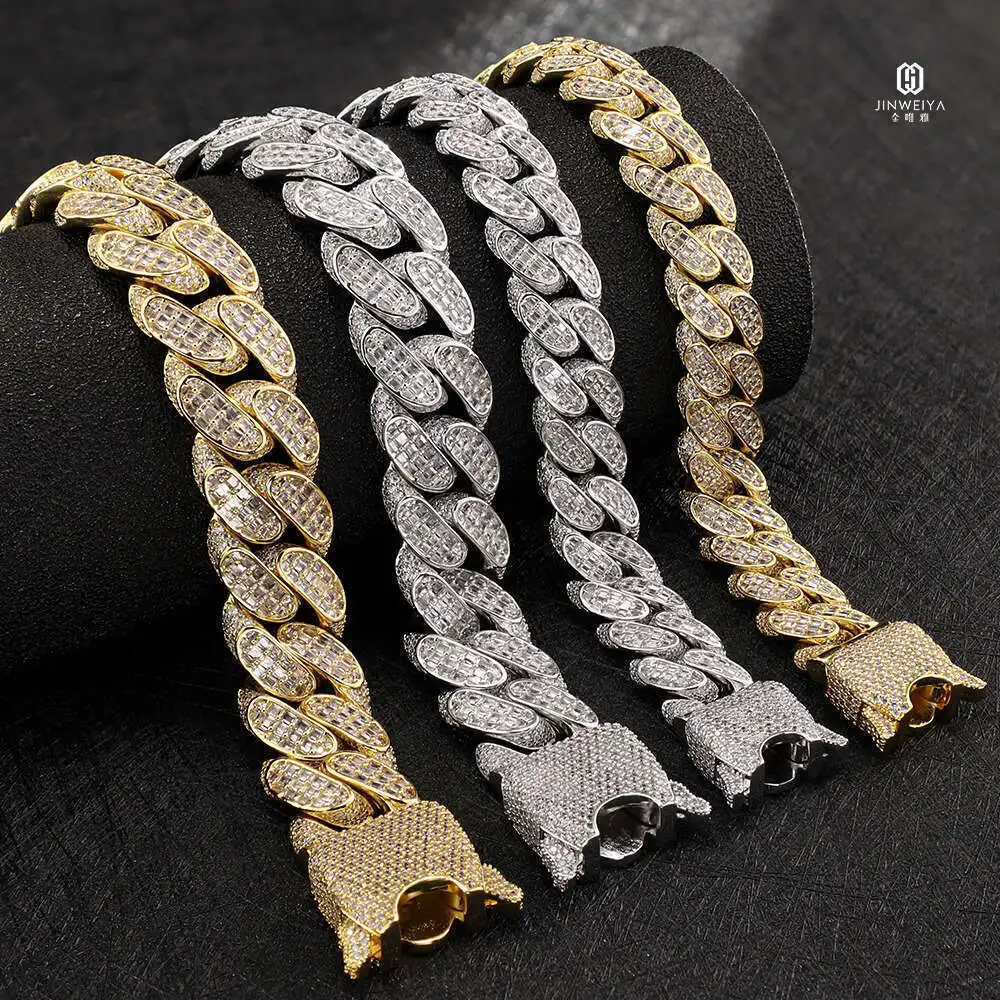 New Arrival Diamond Luxury Chain Baguette 14mm 18mm Gold Plated Iced Out Cuban Link Chain Men Necklace Hip Hop Necklace