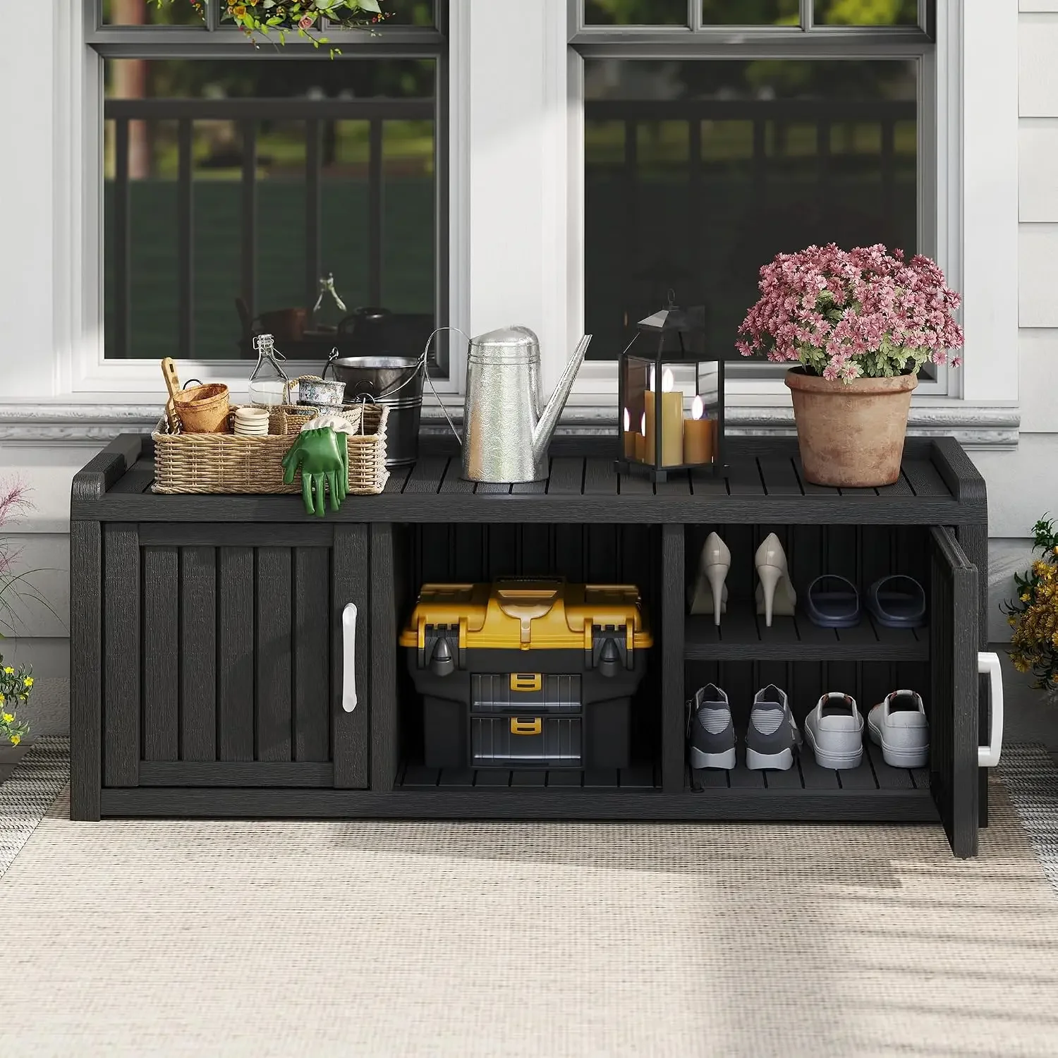 2-Tier Storage Bench, Waterproof UV-Resistant Outdoor Shoe Storage Cabinet with 2 Doors & Adjustable Shelves for Indoor Outdoor