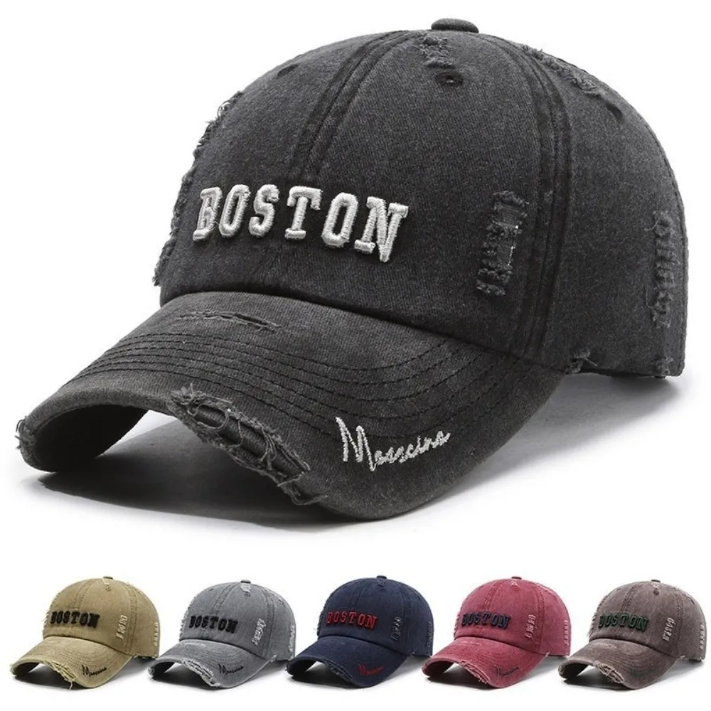 Vintage Washed Cotton Baseball Cap Boston Letter Adjustable Trucker Cap Breathable Sun Protection Sun Hat Men Women