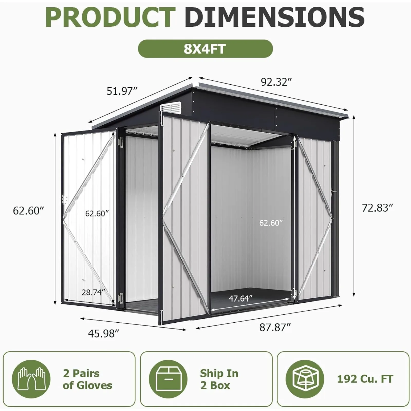 Outdoor Storage Shed with 3 Lockable Doors & 14mm PP Floor | 7.5x4 FT Metal Garden Shed with Floor, Outdoor Storage Cabinet with Sloping Roof for Backyard, Black