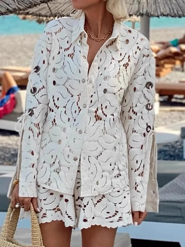 

Lace Hollowed Out Long Sleeved Holiday 2 Piece Set White Single Breasted Loose Shirt Suit Casual 2025 New Beach Shorts Outfits