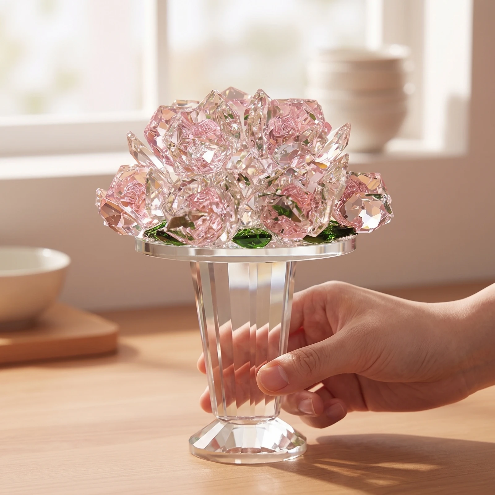 Crystal Rose Bouquet Faceted Rose Bouquet Ornament Glass Flower Figurine Compact Handmade for Desktop, Entryway