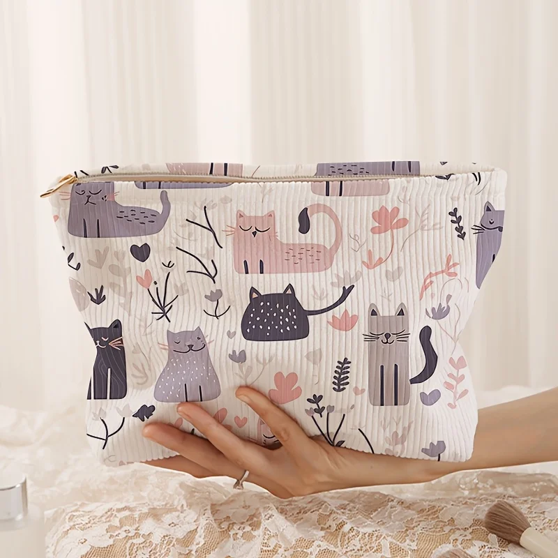 Abstract Kitten Pattern Printed Corduroy Makeup Bag Multifunctional Makeup Storage, Suitable For Toiletries And Accessories