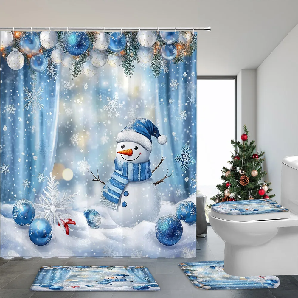 Christmas Shower Curtain and Rug Bathroom 4 Piece Set Santa Claus Snowman Christmas Gift Printed Shower Curtains Bath Mat Set