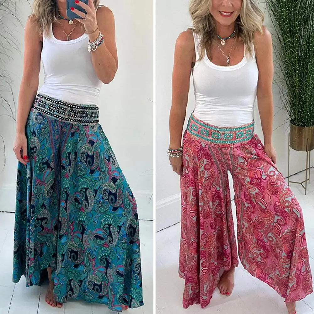 

Women Summer Casual Pants Resort Style Wide-leg Bottoms High Waist Long Pants Retro Printing Swing Pants Loose Fit Lady Culottes