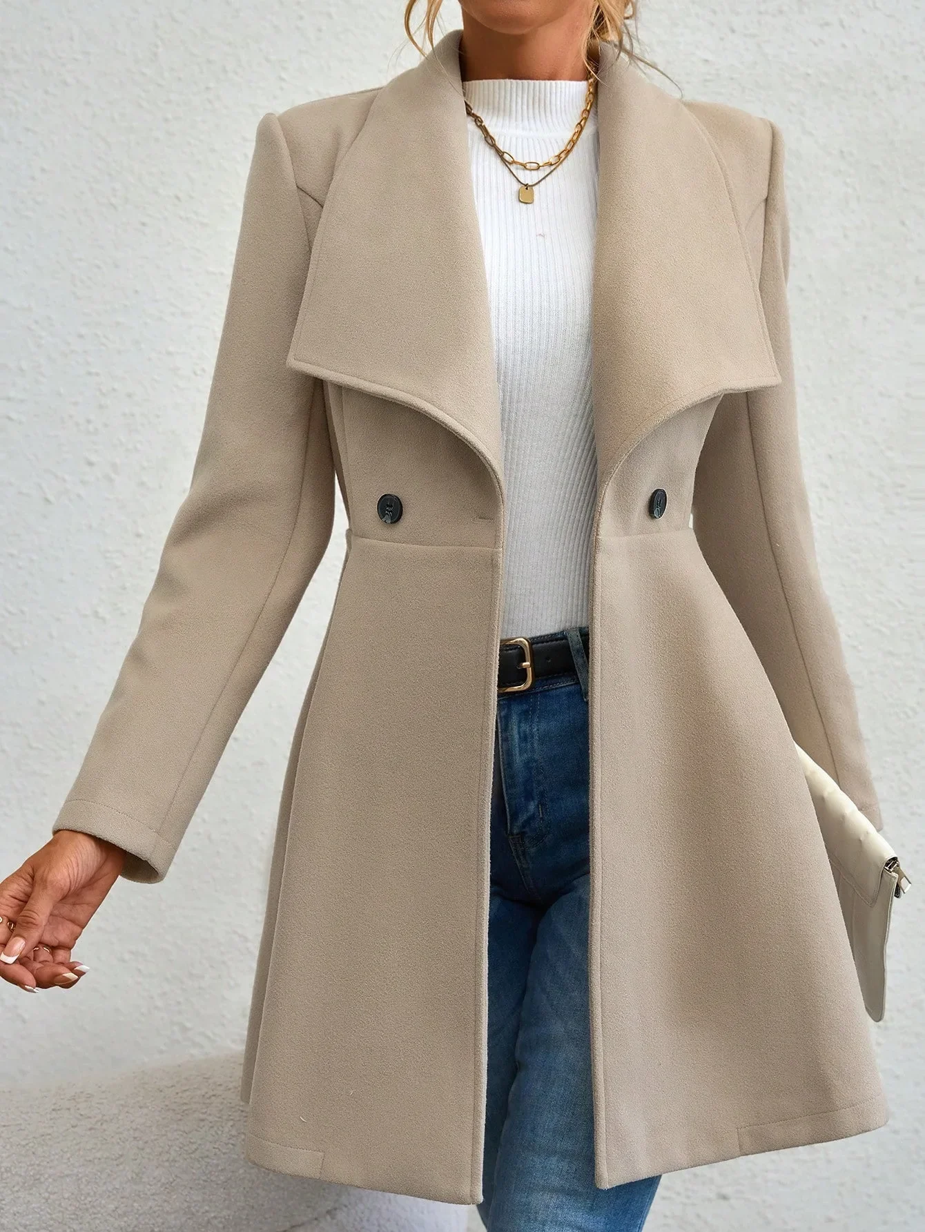 

European American Women's Solid Color Double-button Casual Trendy Slim Long Sleeve Turn-down Collar Wool Coats Female Clothes