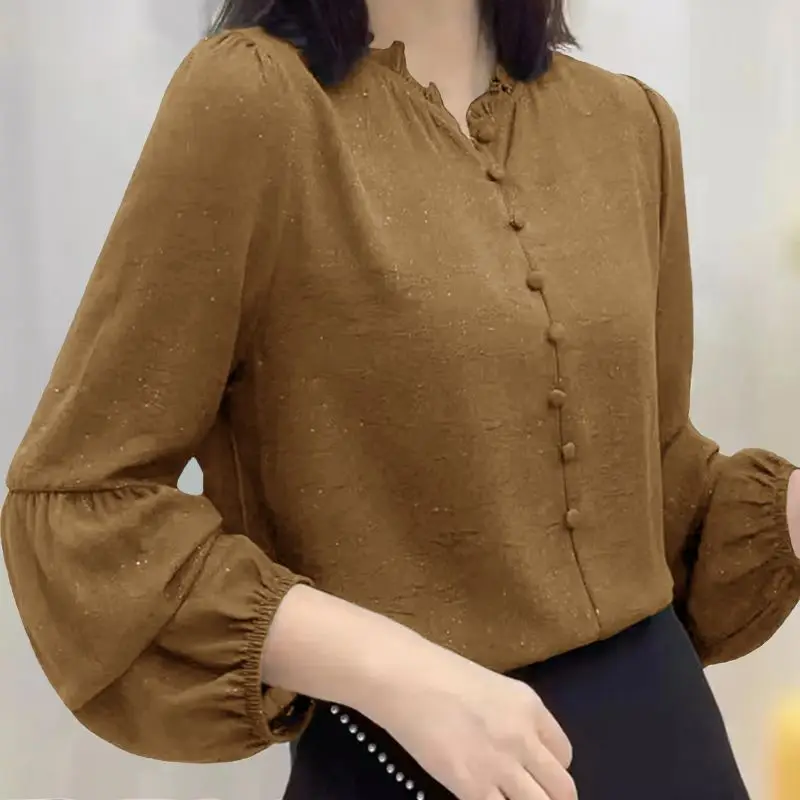 

Women's T-shirts Solid Button Stand Collar Printing Spring Summer Loose Long Sleeve Elegantes Blouses Casual Fashion Femme Top