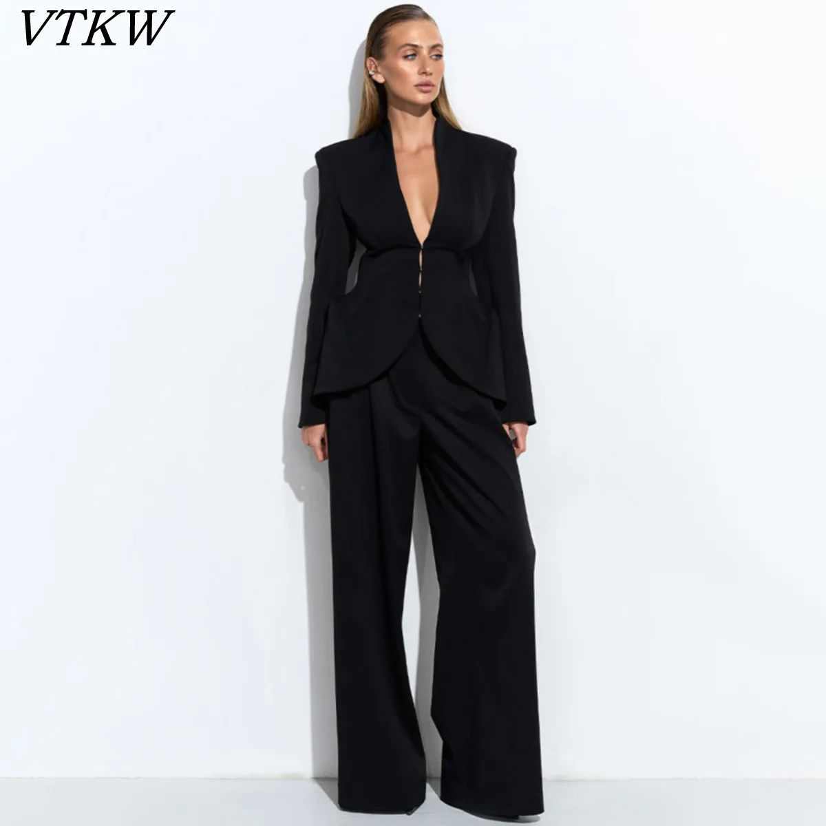 

VTKW 2026 New Women 2 Piece Suit Set Stand Collar Deep V Neck Padded Shoulder Peplum Waist Wide Leg Pants Black Outfit