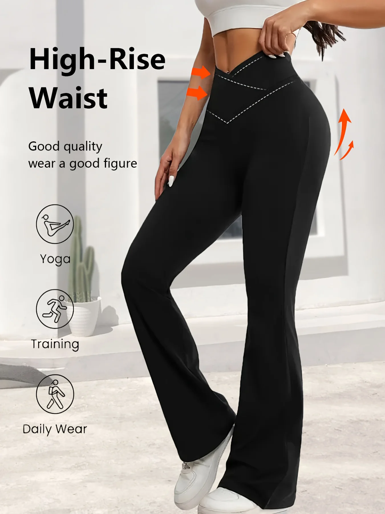 Spring Black Leggings High Waist Stretch Wide Leg Pants Slightly Flared Hems Cross Waist Design For Casual Sports Long Trousers image 6