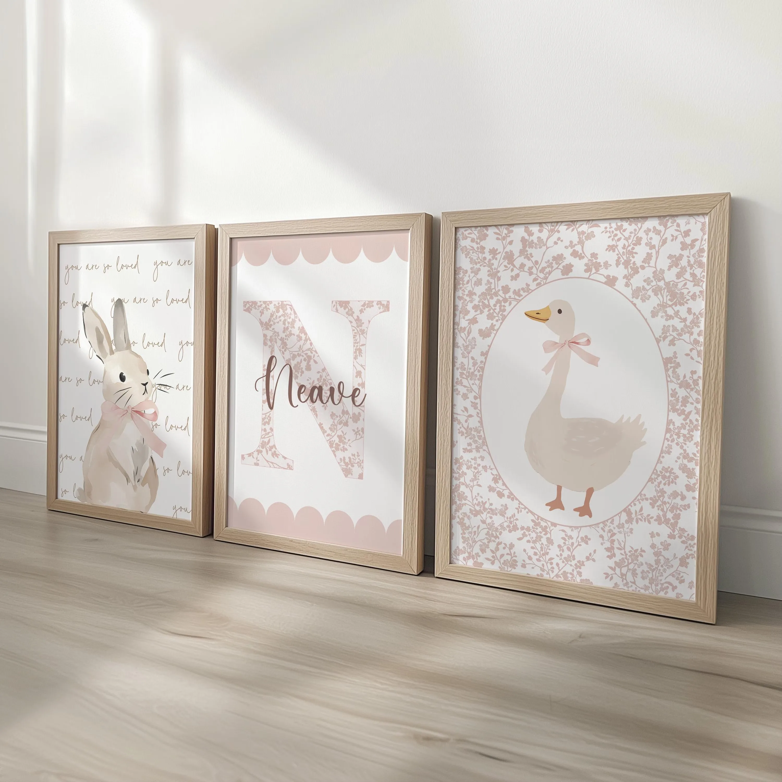 3pcs/set Custom Cartoon Rabbit Goose Name Canvas Print Easter Pink Flower Nursery Wall Art Poster for Baby Girl Room Home Decor
