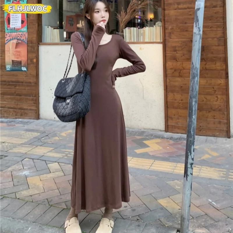 Otoño Invierno básico largo Maxi vestidos lindo dulce niñas mujeres Chic Corea Japón Casual sólido una línea rosa camiseta vestido