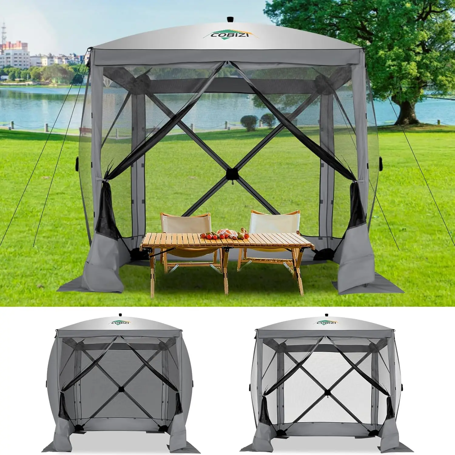 8x8 Pop up Gazebo Tent, Ez up Waterproof Screen Tent Screen House, Portable Outdoor Canopy Sun Shelter with Carry Bag & Ground S