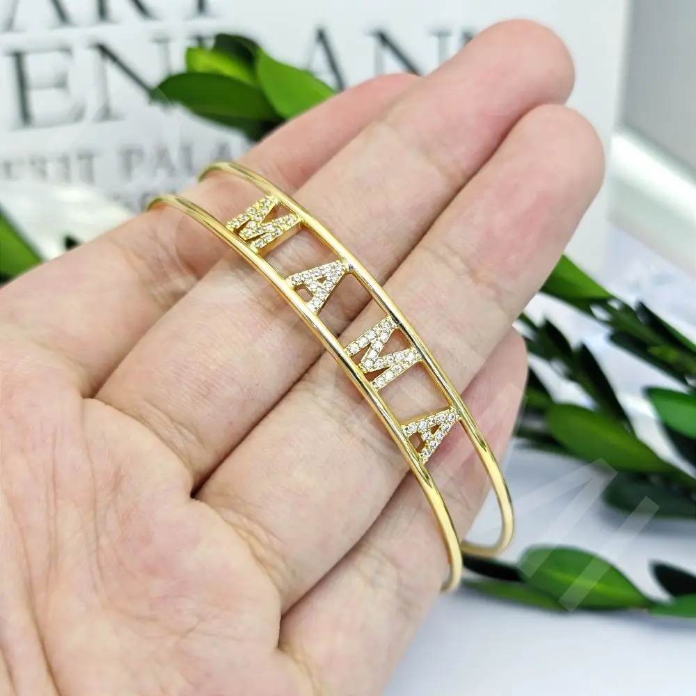 DOREMI Narrower Double Zircon Name Bangle Heart Charms Women Bangle Women Custom Exquisite 6mm Crystal Zircon Name Cuff Bangle