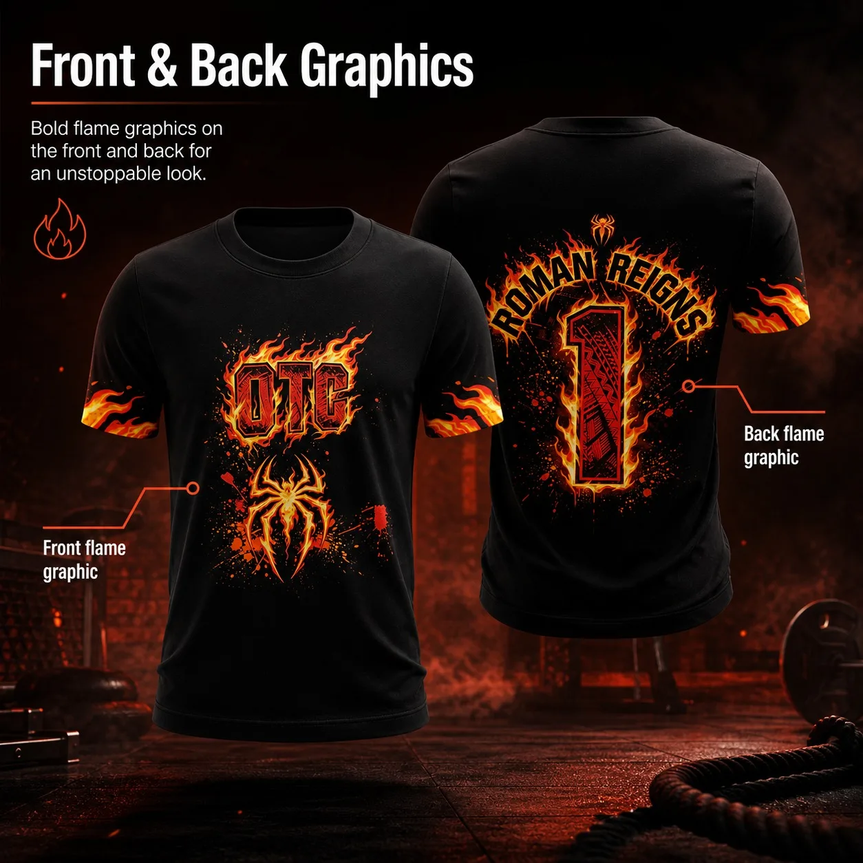 Men's Flame Street T-shirt Black Spider OTG Pattern Double Sided Printed Casual Round Neck Short Sleeve Sports Top