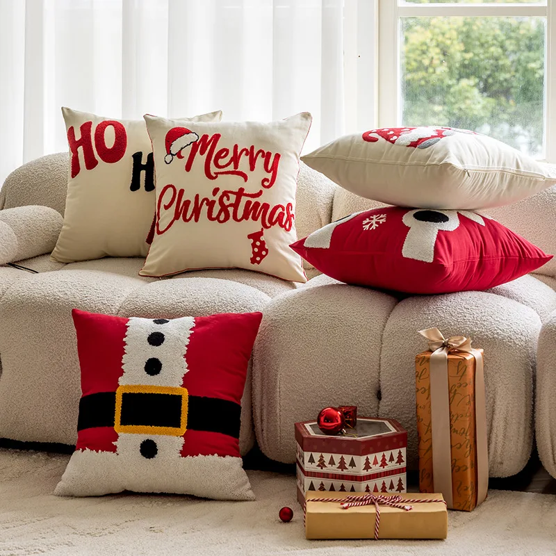 

45x45cm Christmas Towel Embroidery Throw Pillow Cover Home Living Room Sofa Cushion Cover Pillowcase Holiday Home Decoration