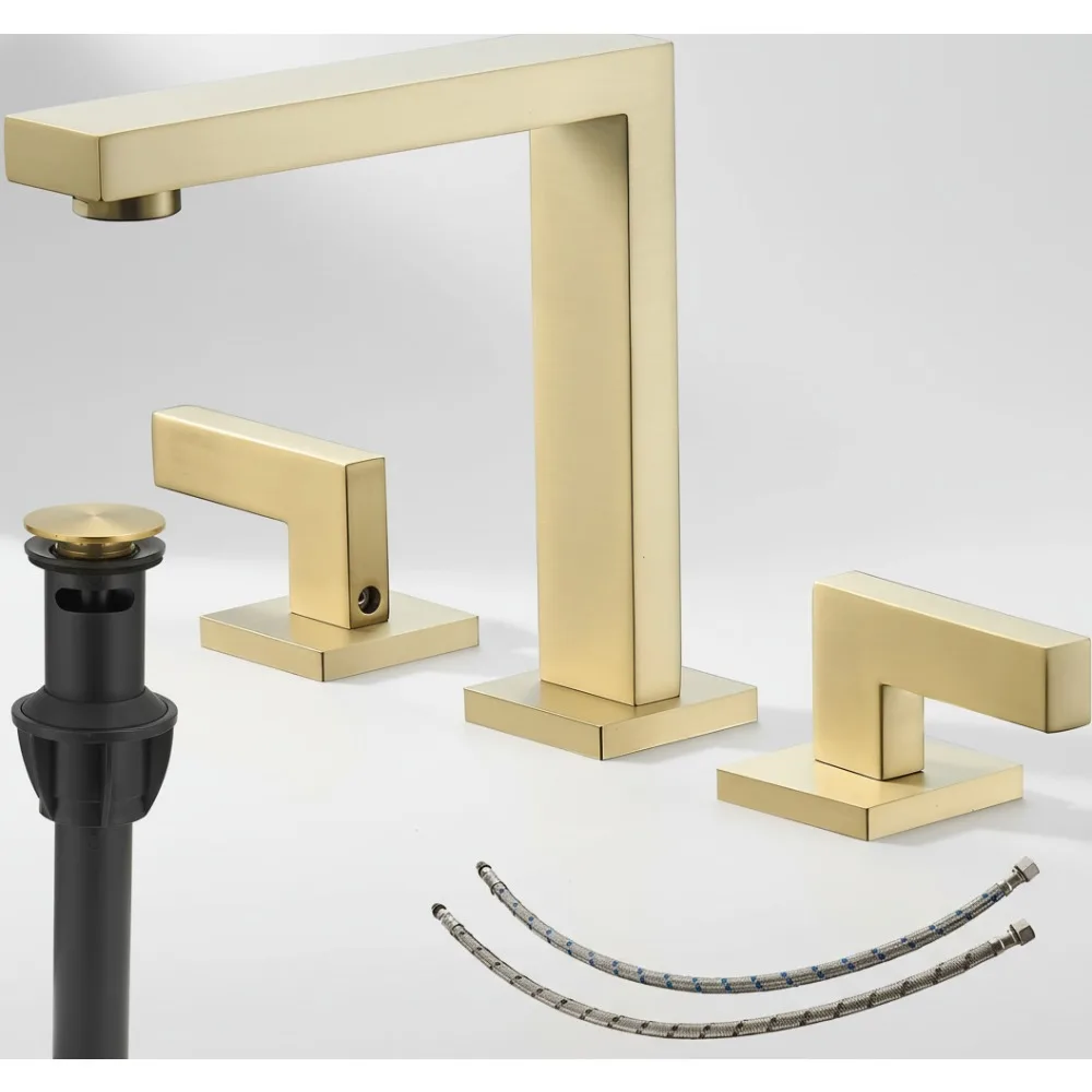 

Elegant Brushed Gold 8-Inch Widespread Bathroom Faucet with Pop-Up Drain - Premium Brass Mixer Tap for Modern Vanities