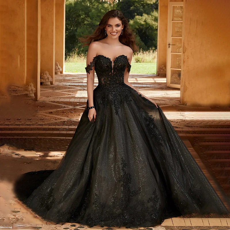 Elegant Sweetheart Tulle Wedding Dress Sequins Appliques Lace Off Shoulder Bridal Gown Party Custom Made
