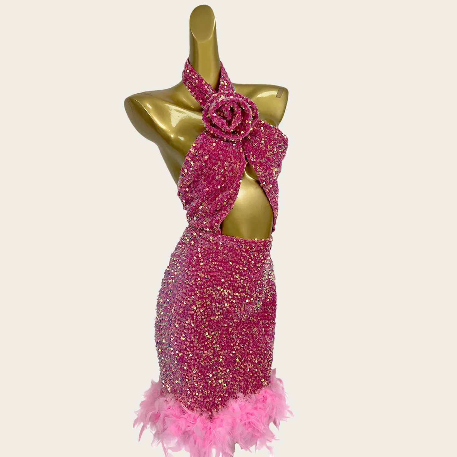 

Fenqiangwei High-end Rose Sequin Backless Pink Bodycon Mini Dress Celebrity Prom Cocktail Party Outfit Birthday Sexy Women Dress