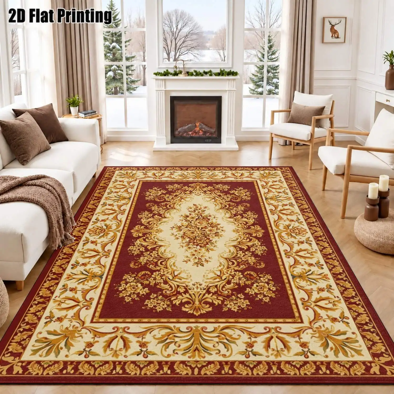 1Pc 2D Printed Burgundy Base Gold Floral Carpet, European/Retro/Geometric/Bohemian Style, Home Decor, Multi-Size, Machine Washable, for Entrance, Dining, Foyer, Bedroom, Living Room