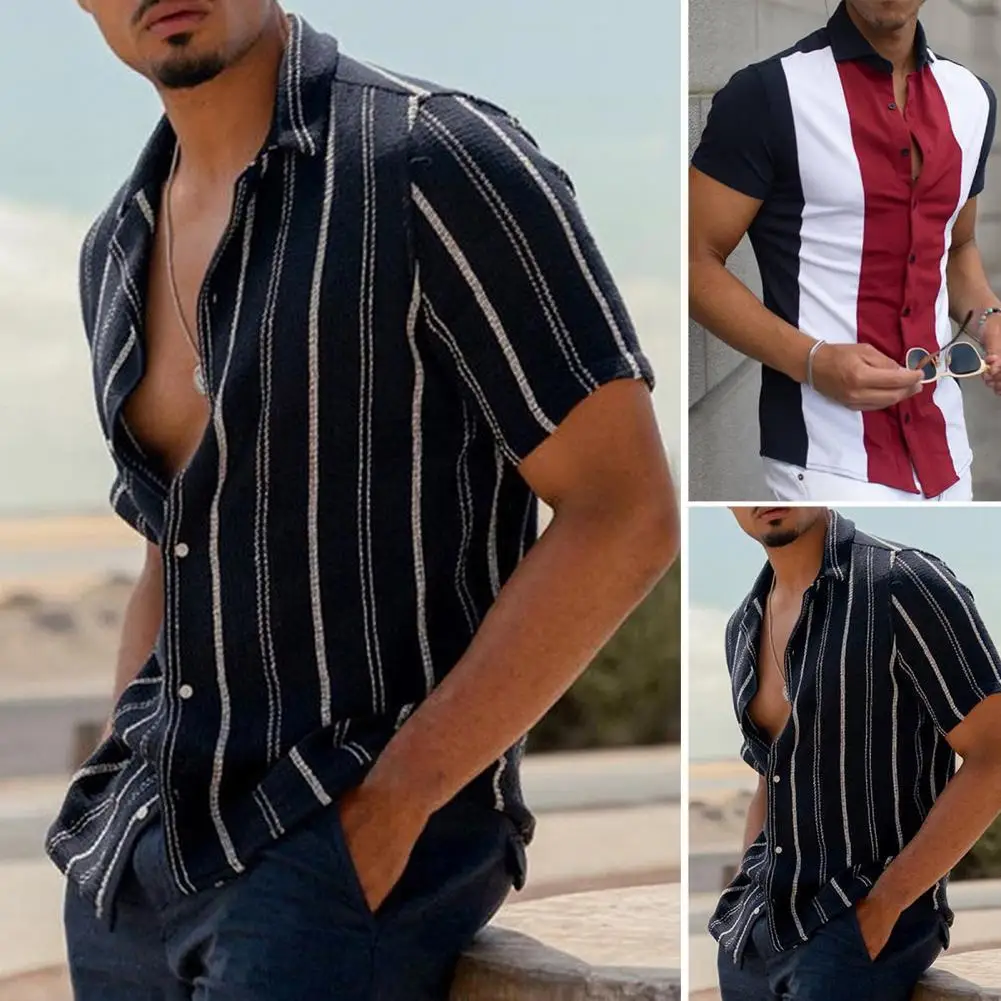 

Stylish Contrast Color Soft Fabric Close-fitting Turn-Down Collar Single-Breasted Summer Tops Men T-shirt Stripe Print