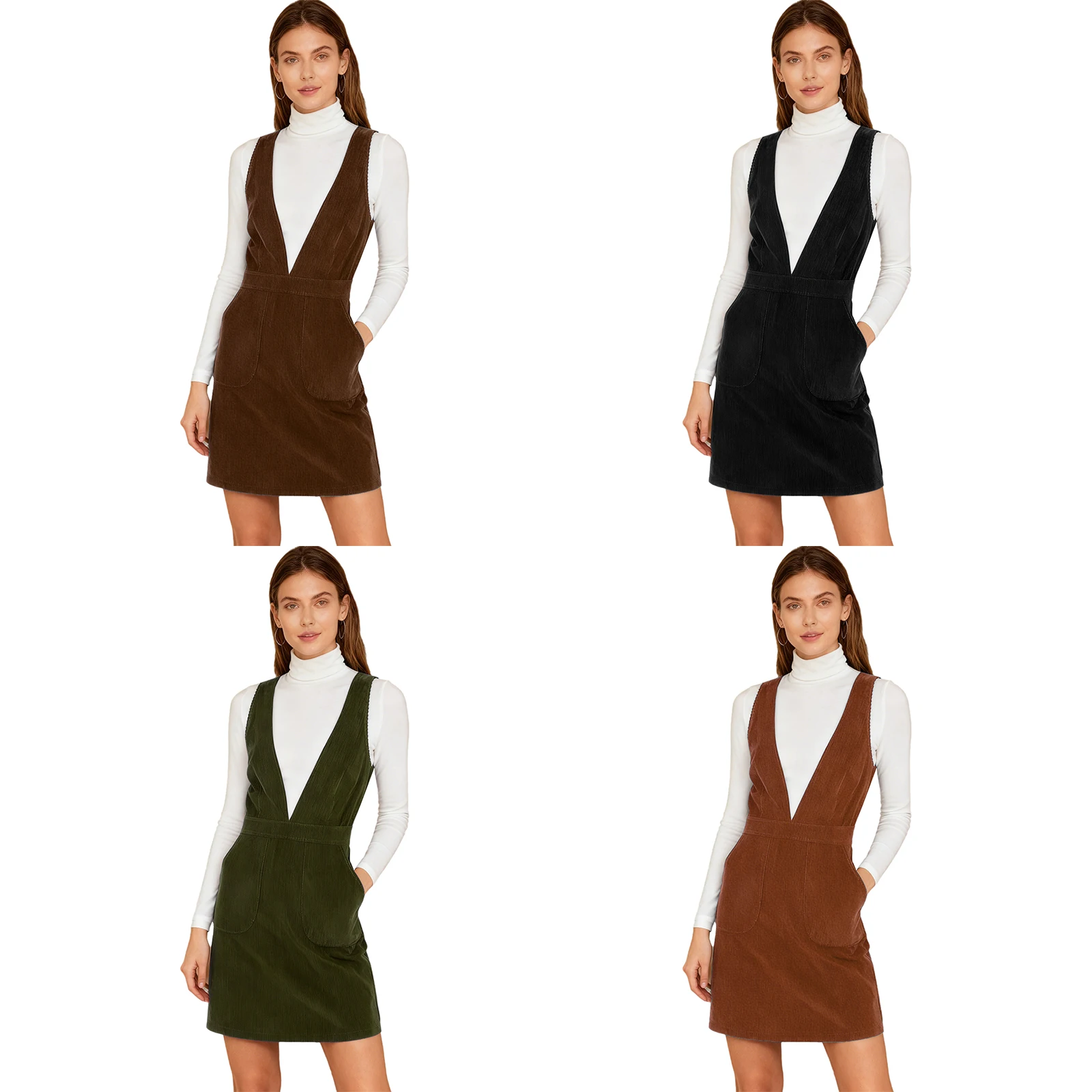 Womens Corduroy Pinafore Dress V Neck Back Crossing Straps Side Pockets Overall Dress for Daily Casual Dating Hanging Out
