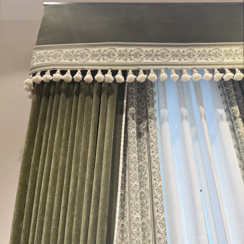 Vintage Dark Green Jacquard Stitching Thickened Chenille Blackout Curtains for Living Room Bedroom French Window Customized