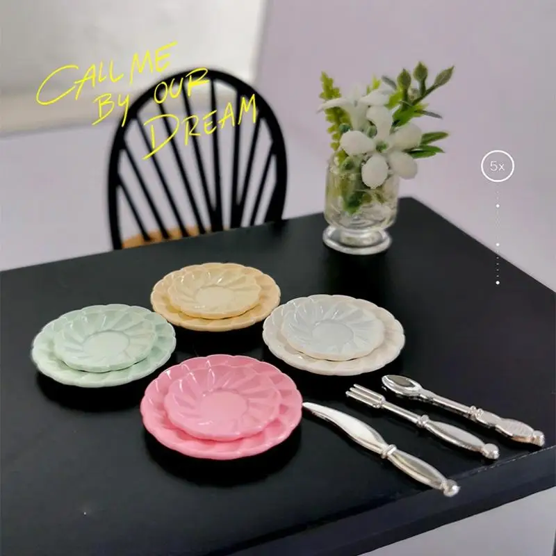 1 Set Dollhouse Kitchen Accessories Miniature Knife Fork Spoon Tableware Plate Kit Kid Toy Simulation Food And Play Scene Model