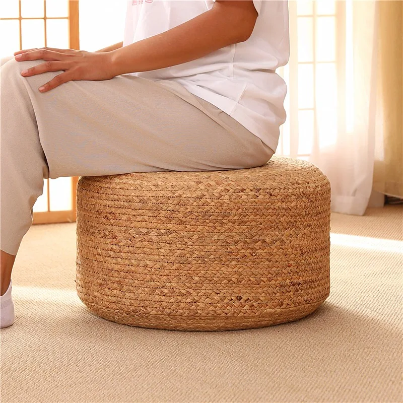 Handmade Rattan Pouf Stool Round  Seat Floor Cushion for Yoga Meditation Living Room Bay Window Tatami