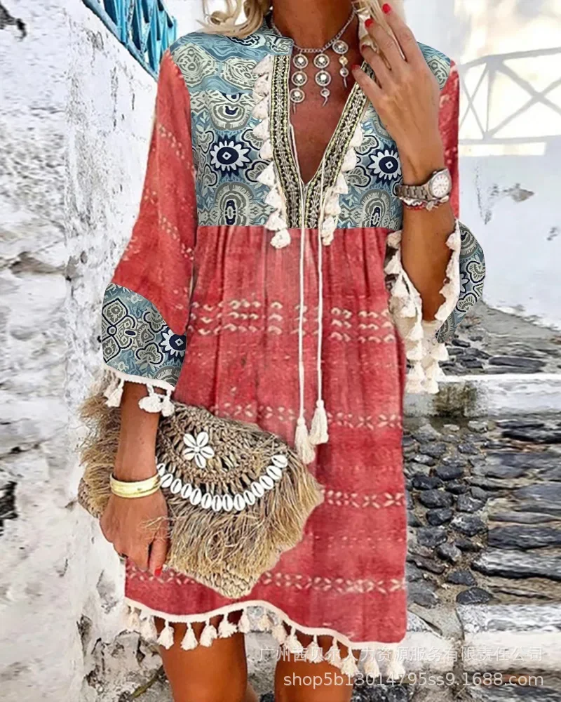 

Allover Geometric Print Tassel Decor Bell Sleeve Dress Women Elegant Summer Y2k Vestido Beach Vacation Boho Summer Sweet Boho