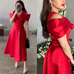 Satin Flower Draped Celebrity A-line V-neck Bespoke Occasion Gown Midi Dresses