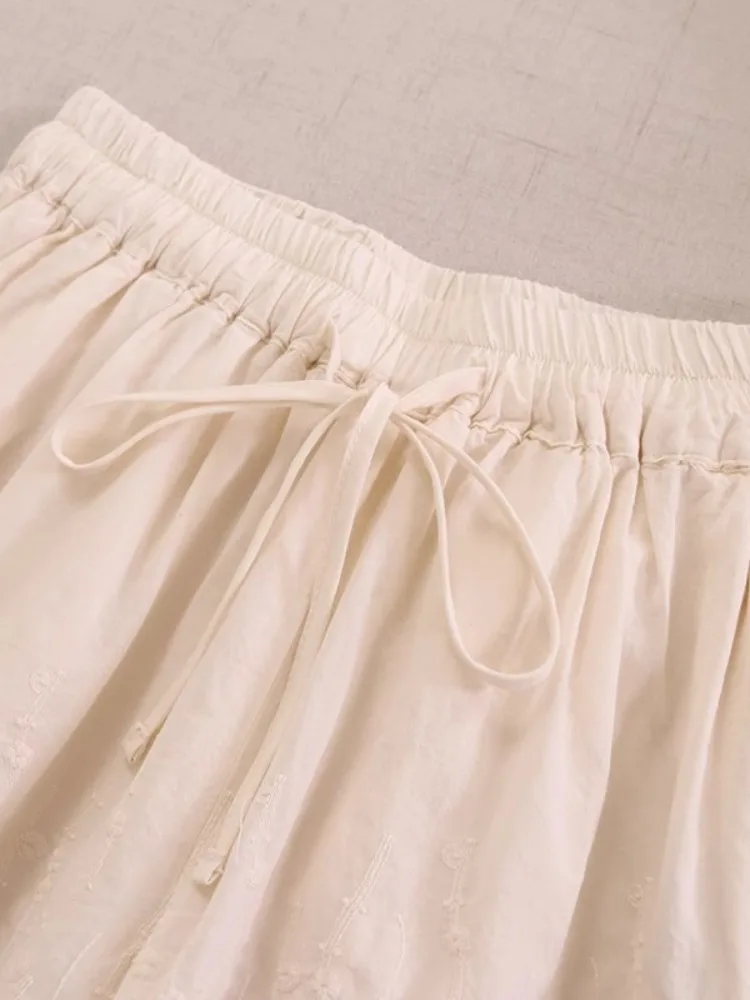 Cotton Lace Trimmed Embroidered Shorts Women's Summer Gathered Waist Drawstring Hollow out  Double Layer Wide Leg Shorts