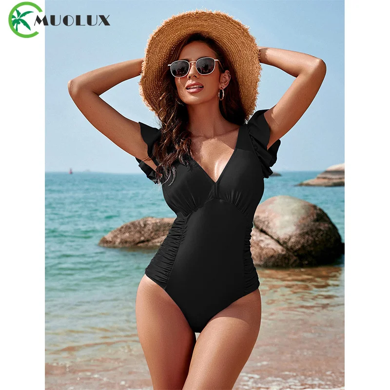 

2024 Women's Ruffled One Piece Swimsuit V Neck Swimwear Tummy Control Bathing Suit Bodysuit Beach Wear Bodysuit Monokini