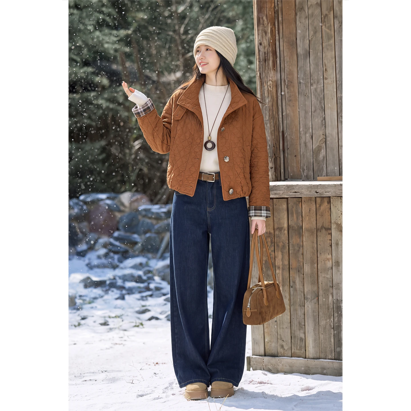 SENTUBILA Women's Winter Jacket 2026 Contrast Plaid Sleeve Short Padded Coat Loose Thick Warm Casual Female Outerwear 164MB8500