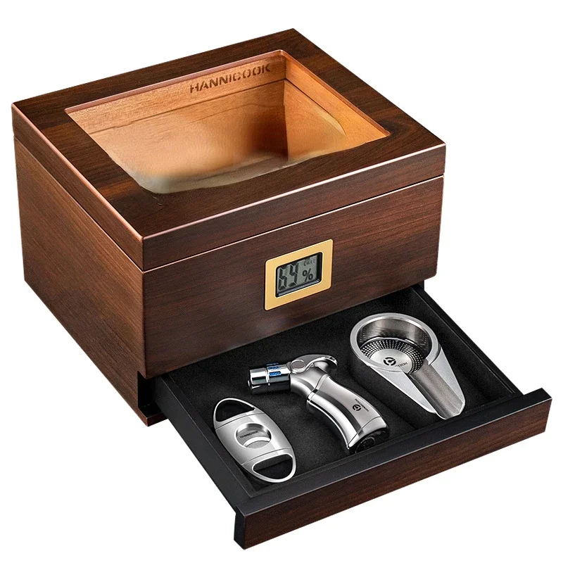 Humidor Cedar Wood Cigar Storage Case Box Multi-Layer Drawer Large Capacity with Cigar Ashtray/cutter Hygrometer Lighter Suit